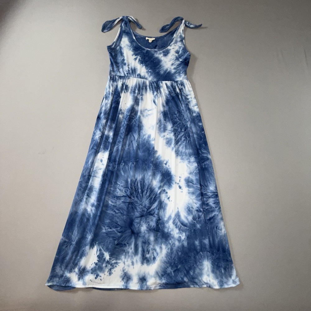See You Monday Blue White Tie Dye Stretch Sleeveless Empire Waist Dress Size M